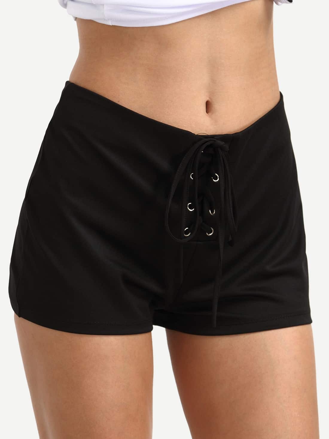 Black LaceUp Front Shorts SheIn(Sheinside)