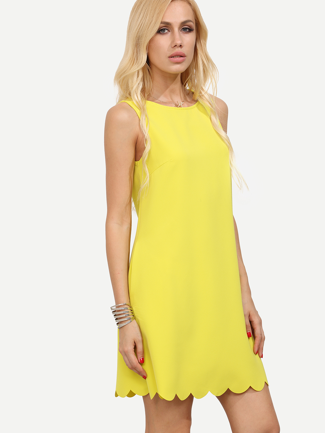 Yellow Sleeveless Scalloped Hem Shift Dress SheIn(Sheinside)