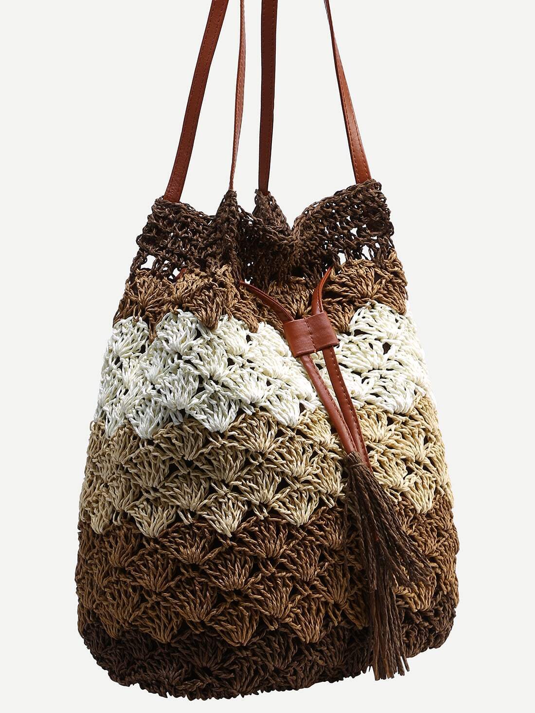 Color Block Scallop Straw Drawstring Bucket Bag SheIn(Sheinside)