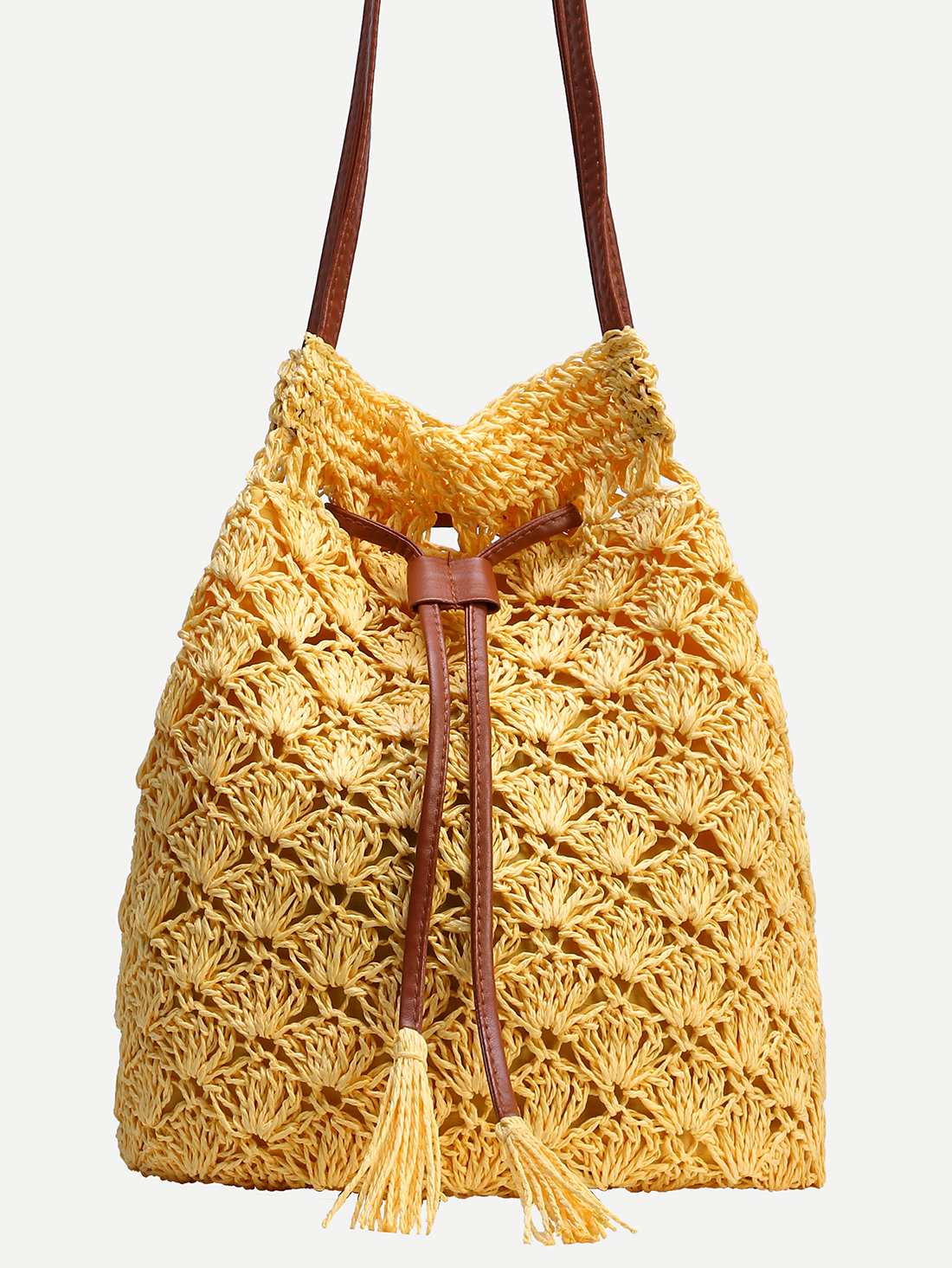 Yellow Scallop Straw Drawstring Bucket Bag SheIn(Sheinside)