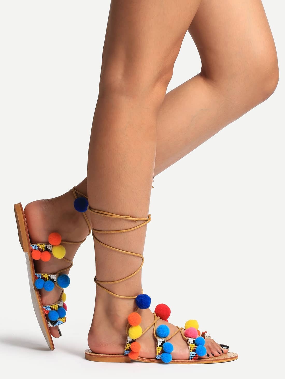 tie up sandals with pom poms