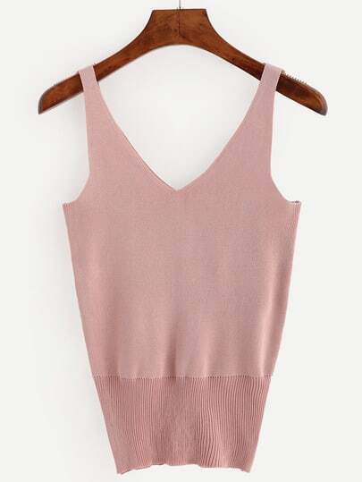 Pink Double V-Neck Knitted Tank Top -SheIn(Sheinside)