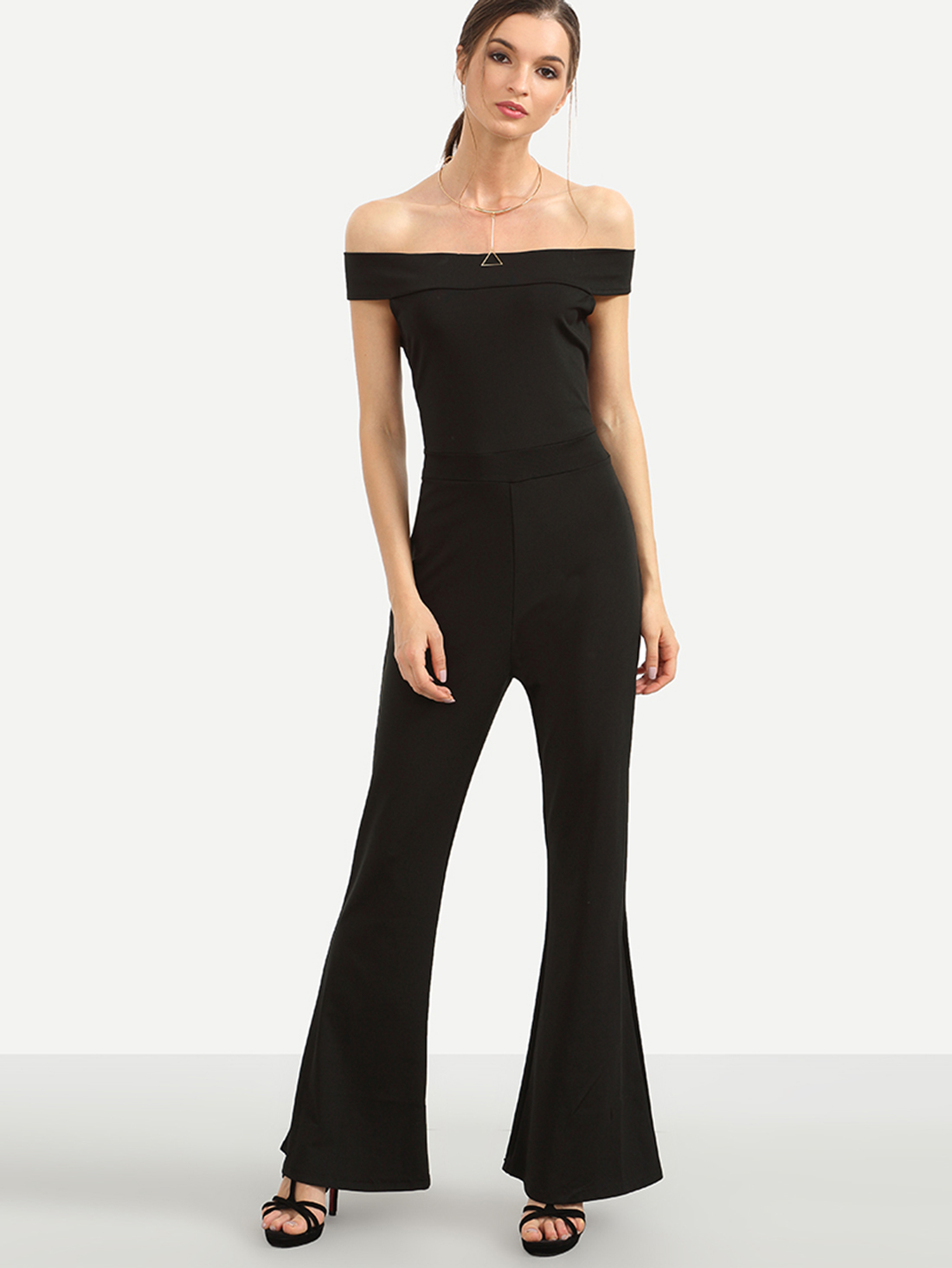 Plain Black Off The Shoulder Bell Bottom Jumpsuit SheIn(Sheinside)