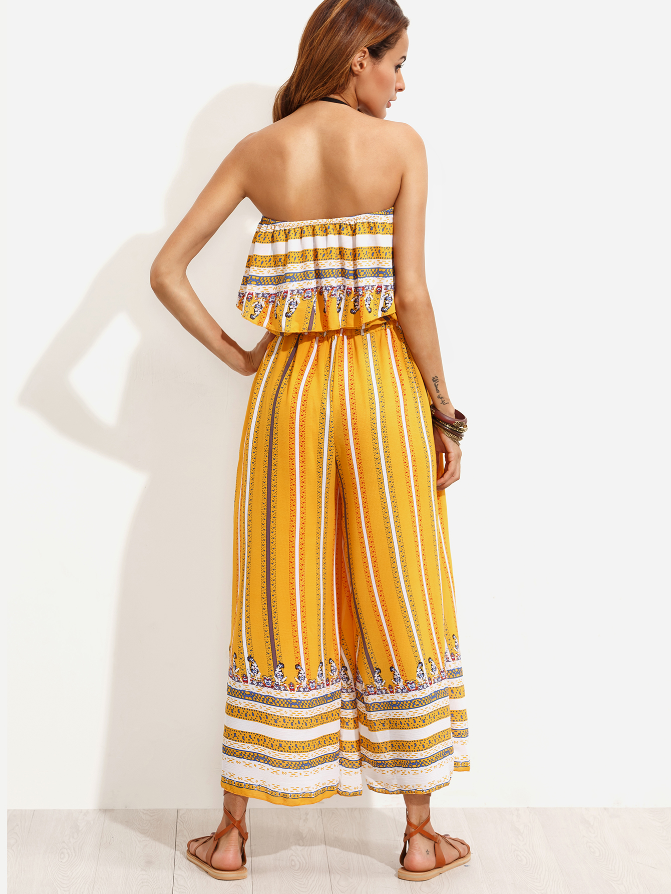 Yellow Vintage Print Ruffle Bandeau Jumpsuit SheIn(Sheinside)