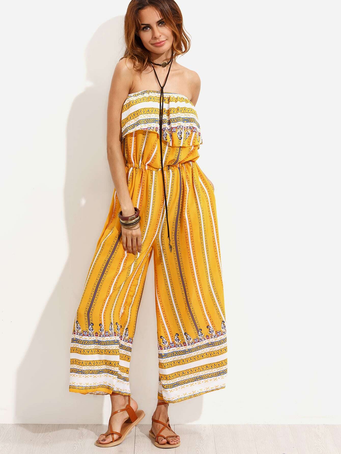 Yellow Vintage Print Ruffle Bandeau Jumpsuit SheIn(Sheinside)