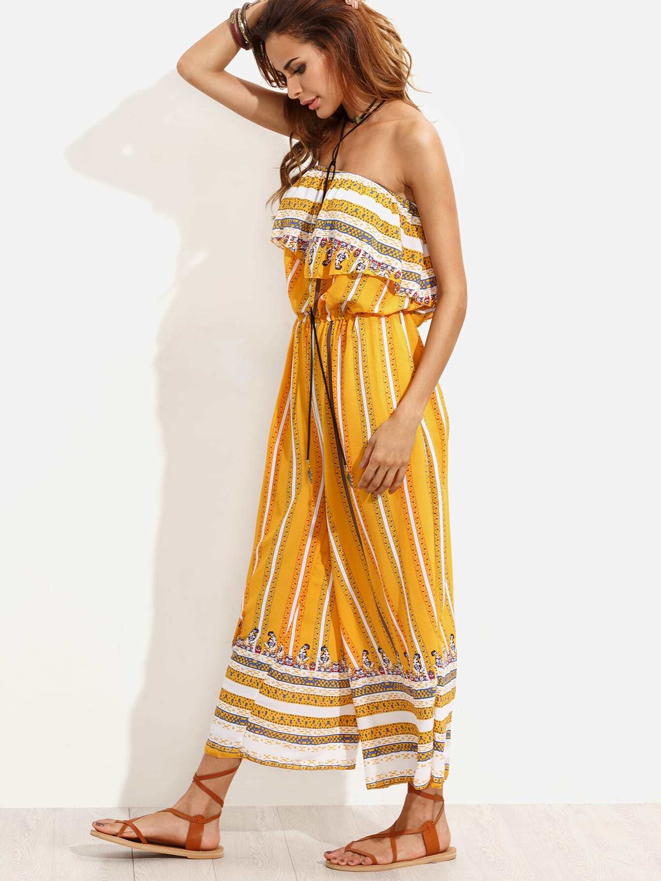 Yellow Vintage Print Ruffle Bandeau Jumpsuit SheIn(Sheinside)