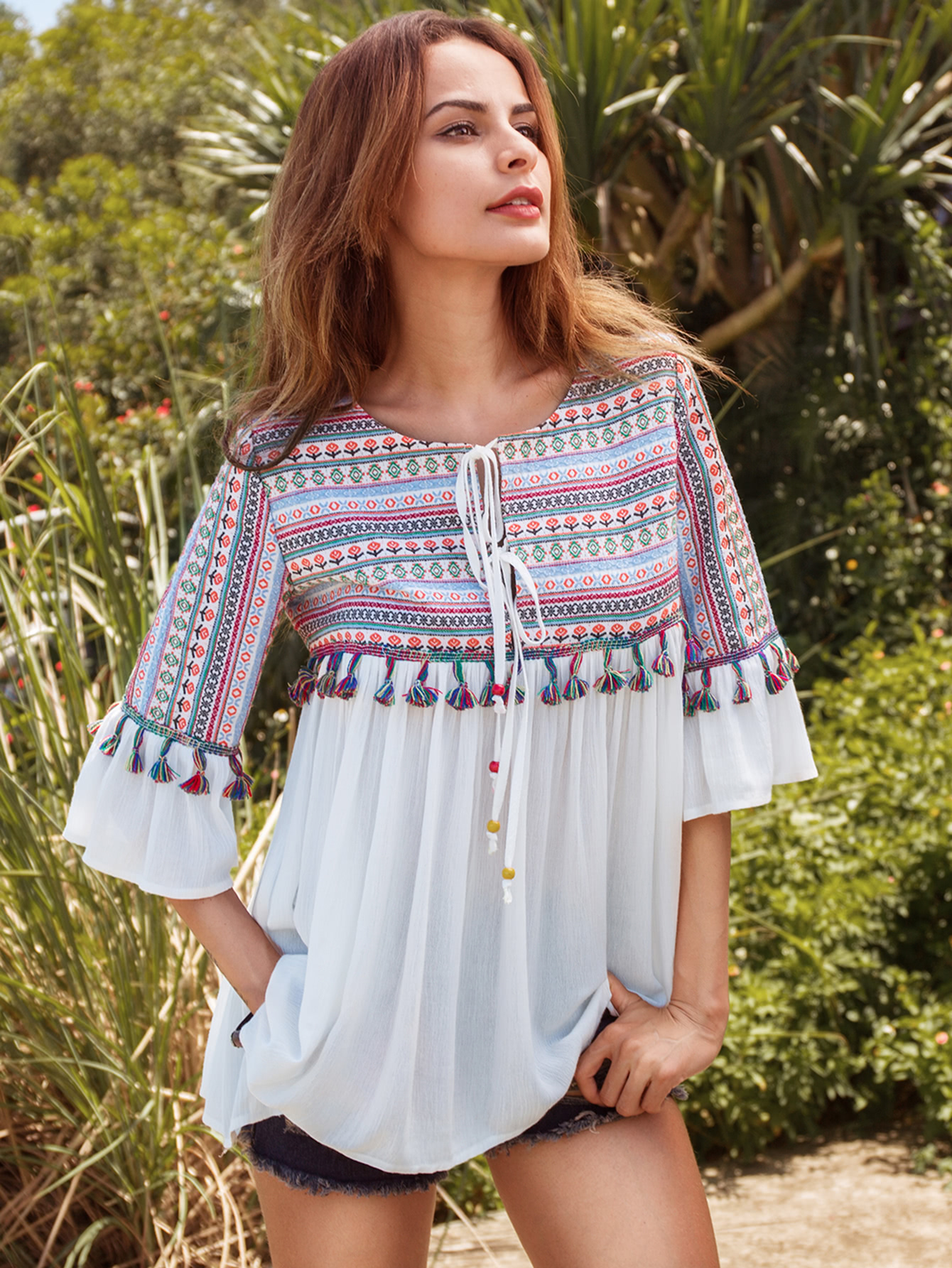 Embroidered Tassel Trim Tie Bell Sleeve Blouse SheIn(Sheinside)