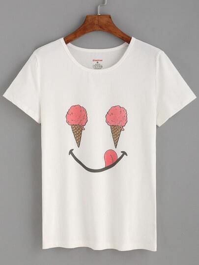 White Ice Cream Print T-shirt