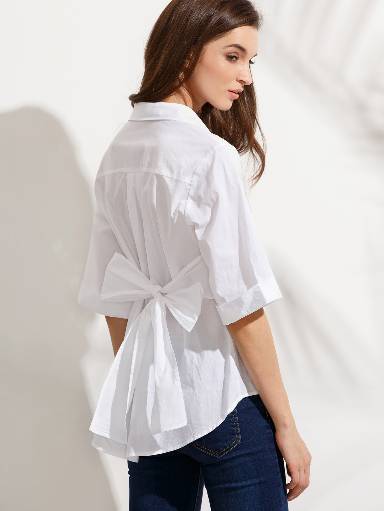White Half Sleeve Bow Tie Back Blouse SheIn(Sheinside)