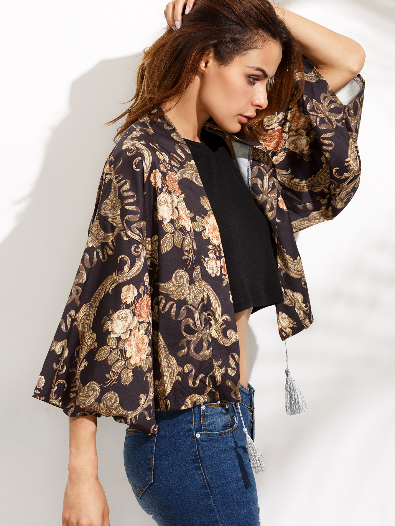 Floral Print Fringe Kimono SheIn(Sheinside)
