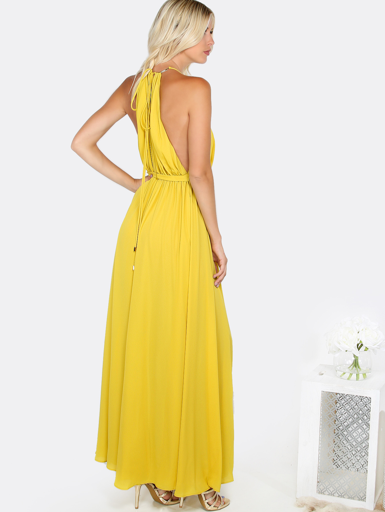 Robe longue avec ceinture jauneFrench SheIn(Sheinside)