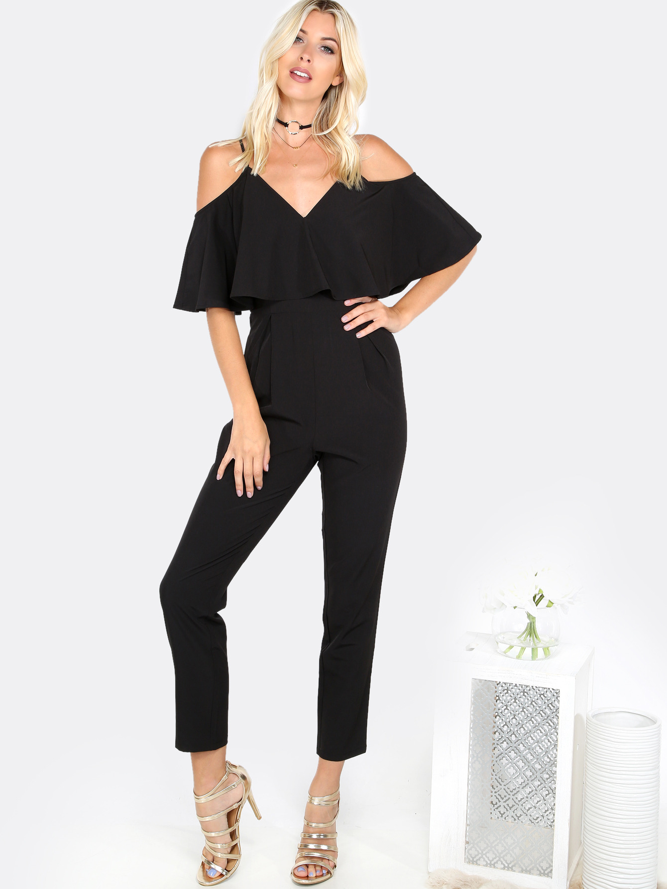 Cold Shoulder Flare Jumpsuit BLACK SheIn(Sheinside)