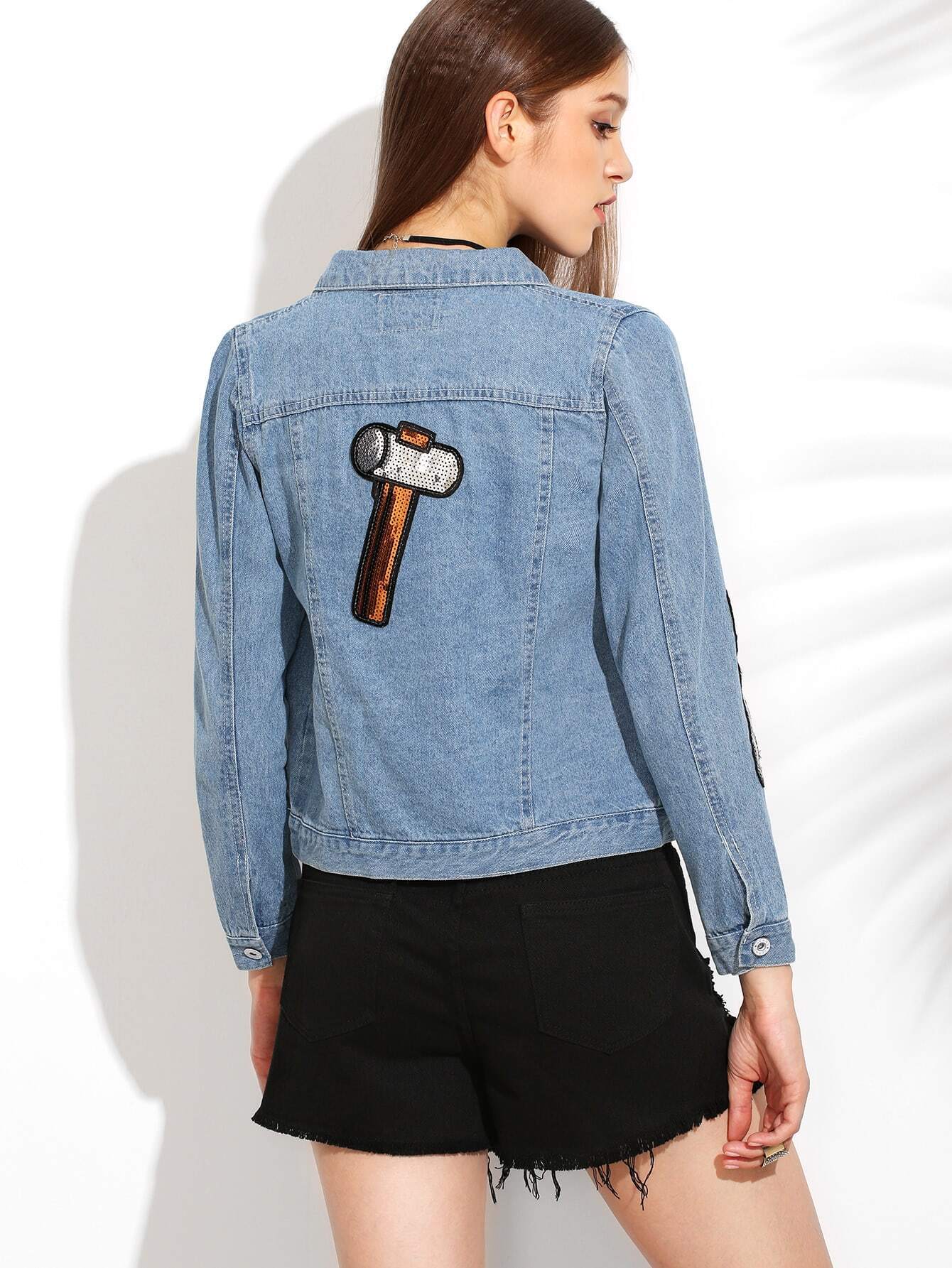 Light Blue Button Front Sequined Jacket SheIn(Sheinside)