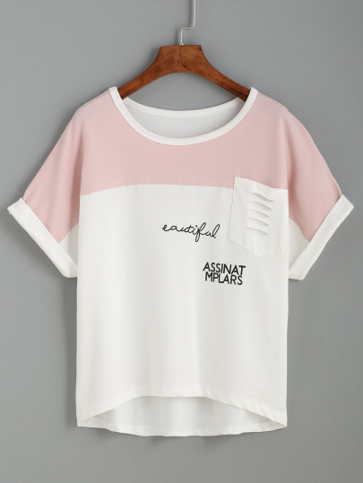White Contrast Yoke Ripped Pocket T-shirt