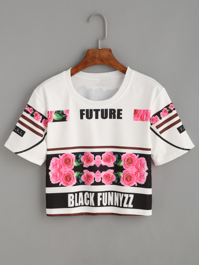 White Florals Letter Print Crop T-shirt