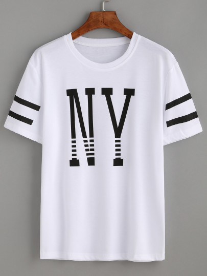 White Varsity Striped Letter Print T-shirt