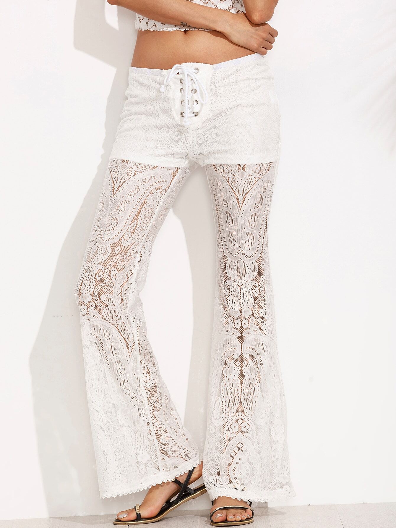 White Lace Up Waist Perspective Lace Long Pants SheIn(Sheinside)