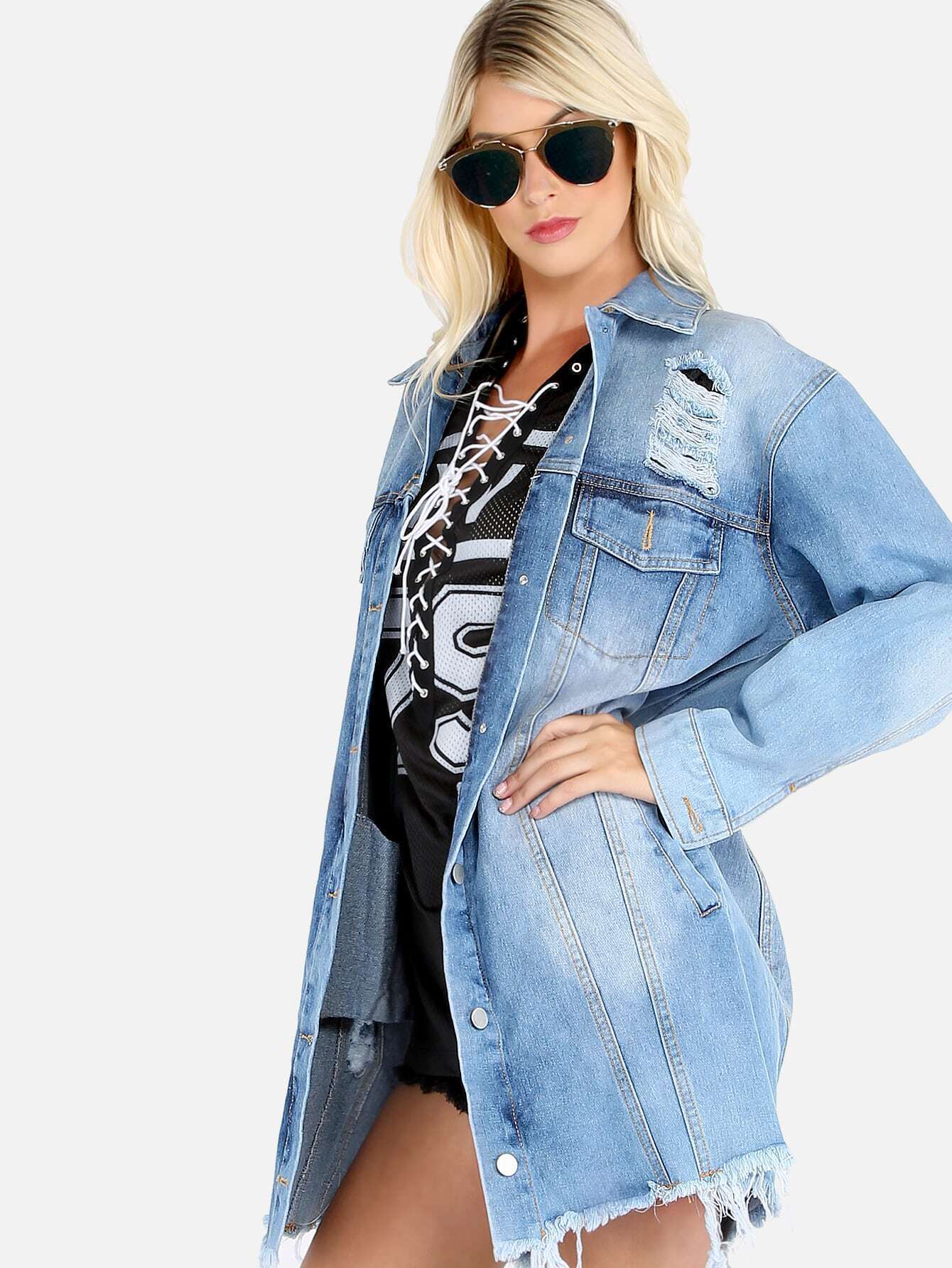 Oversized Distressed Denim Jacket DENIM SheIn(Sheinside)