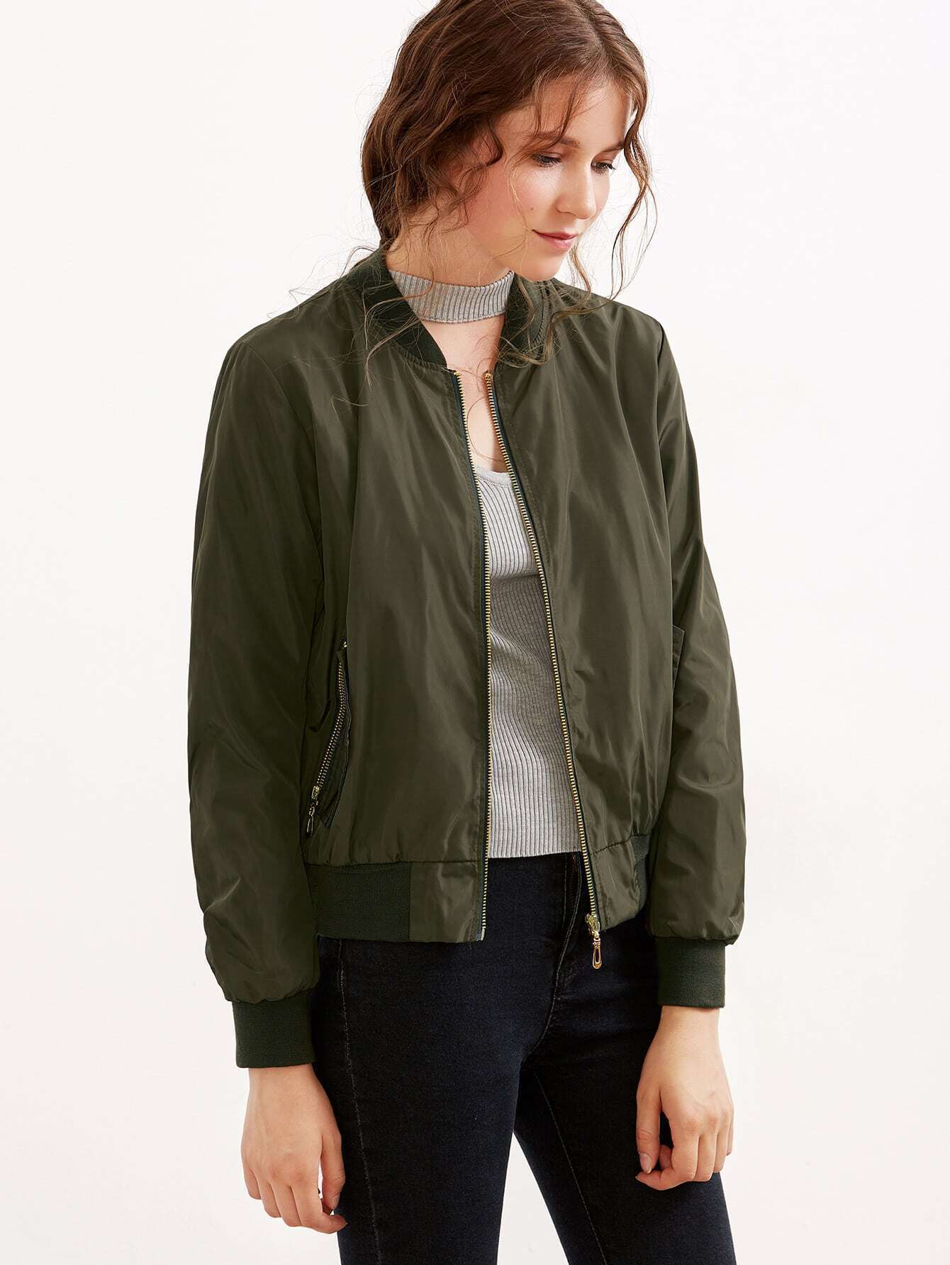 Army Green Shirred Sleeve Zipper Bomber Jacket SheIn(Sheinside)