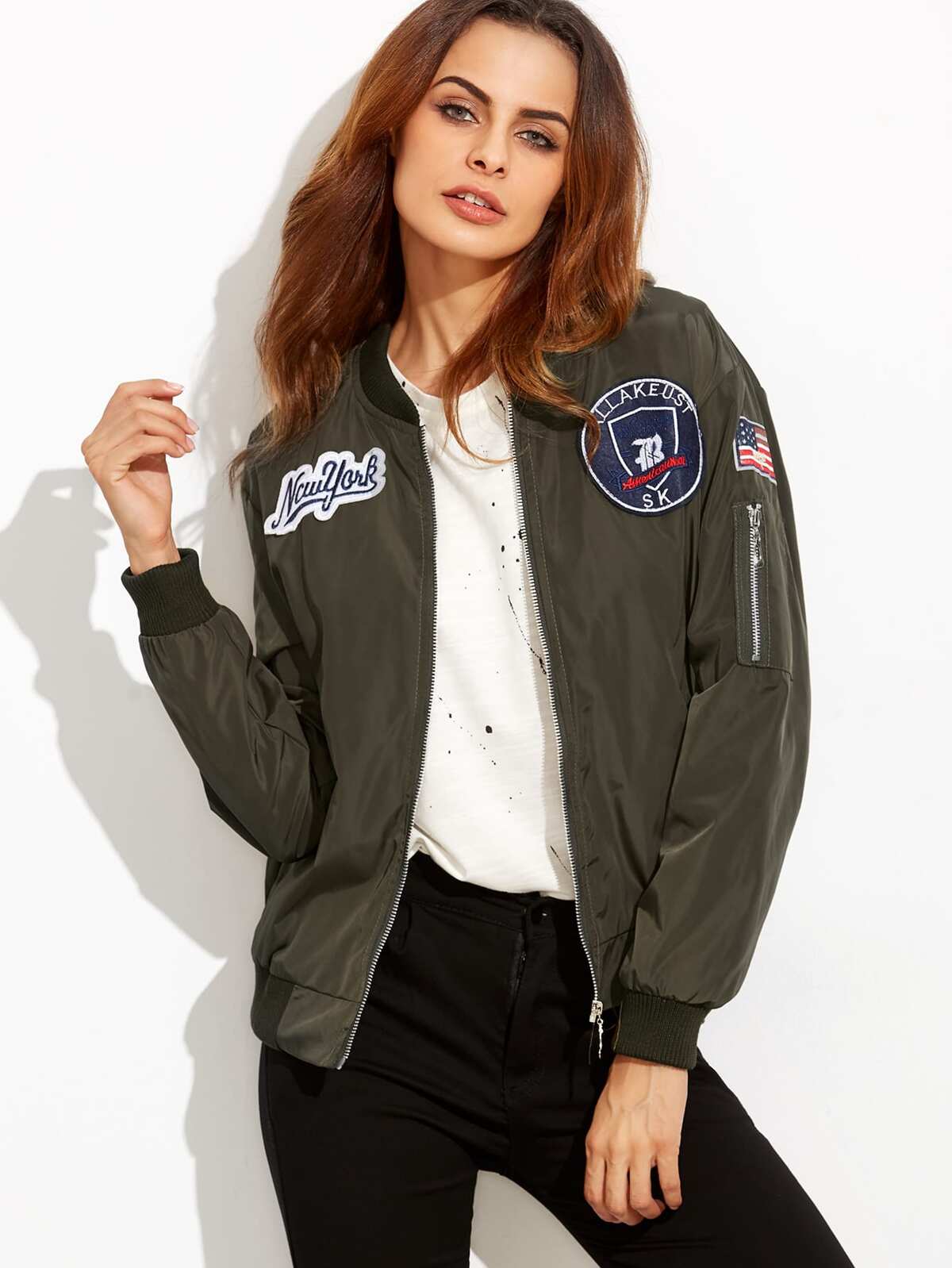 Embroidered Badge Patches Zip Sleeve Bomber Jacket
