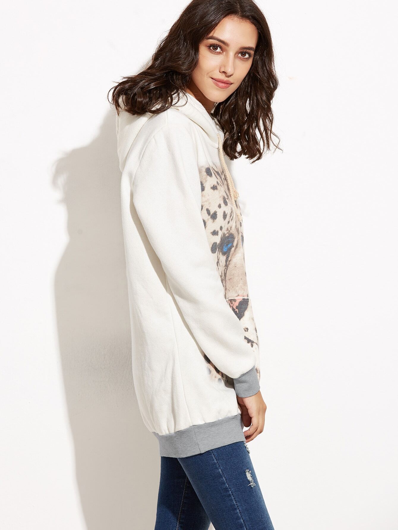 Contrast Trim Animal Print Pocket Hooded Sweatshirt SheIn(Sheinside)