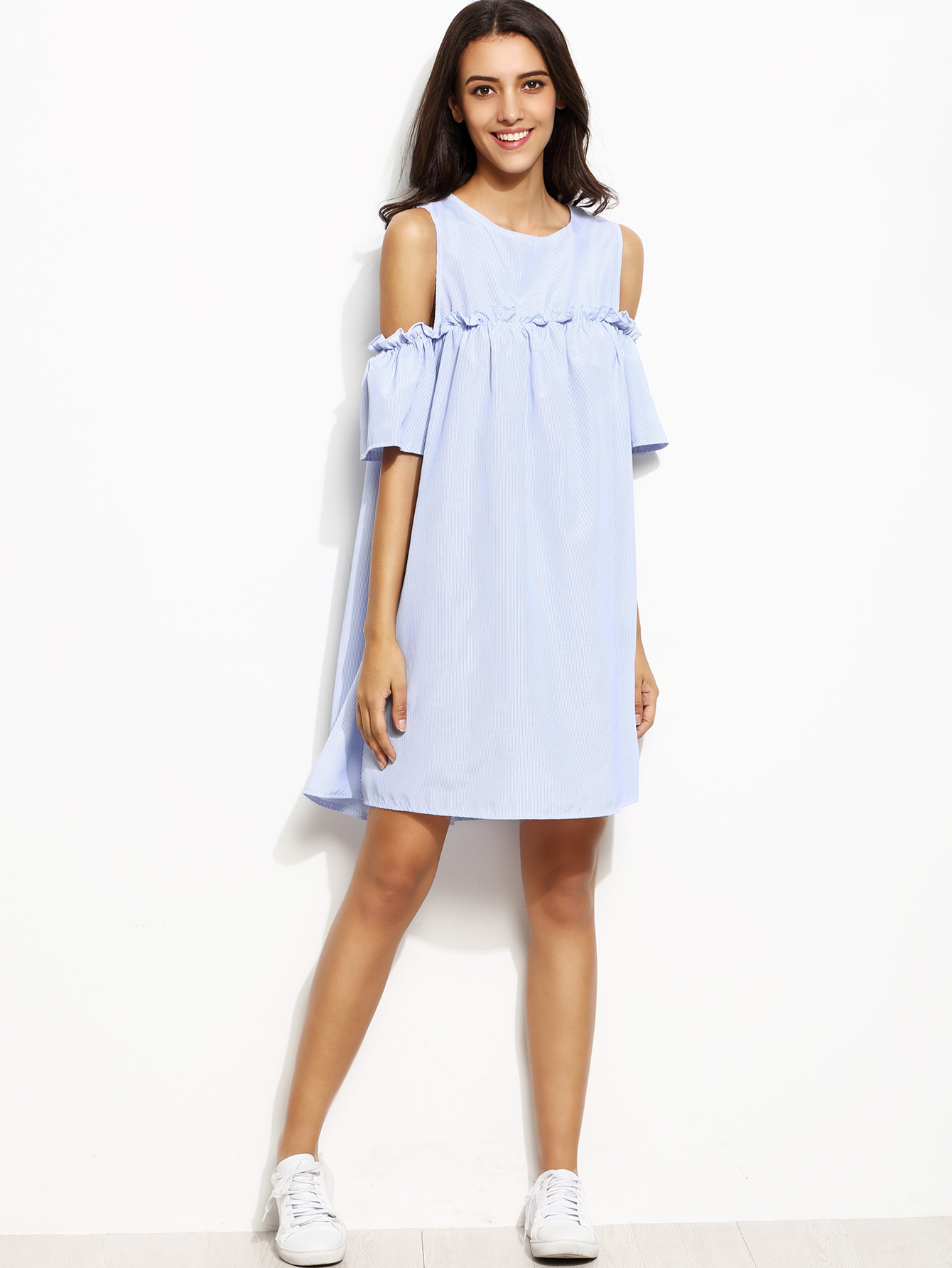 Robe à rayures verticales épaules nues bleu French SheIn(Sheinside)