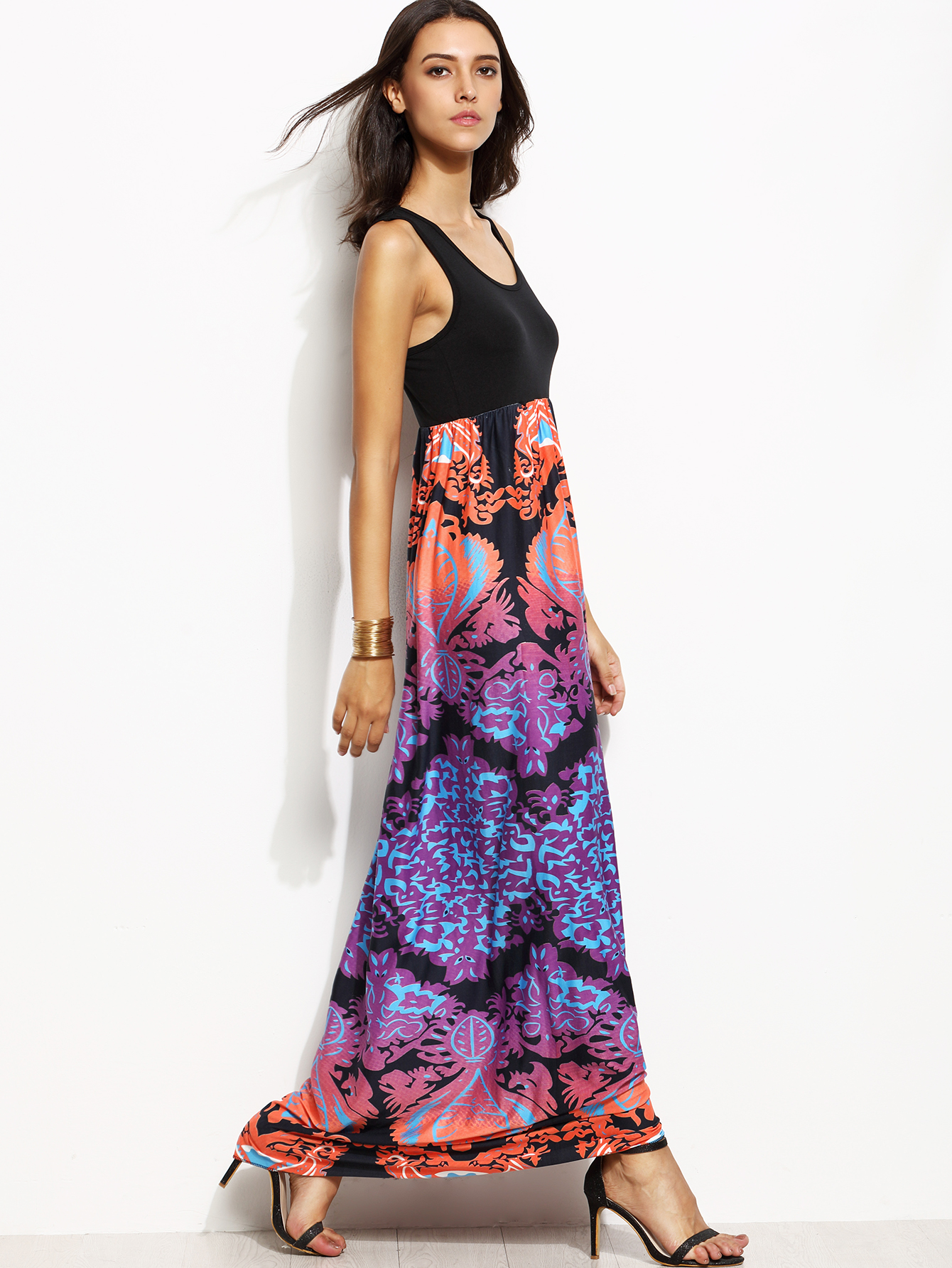 Black Tank Top Contrast Tribal Print Maxi Dress SheIn(Sheinside)