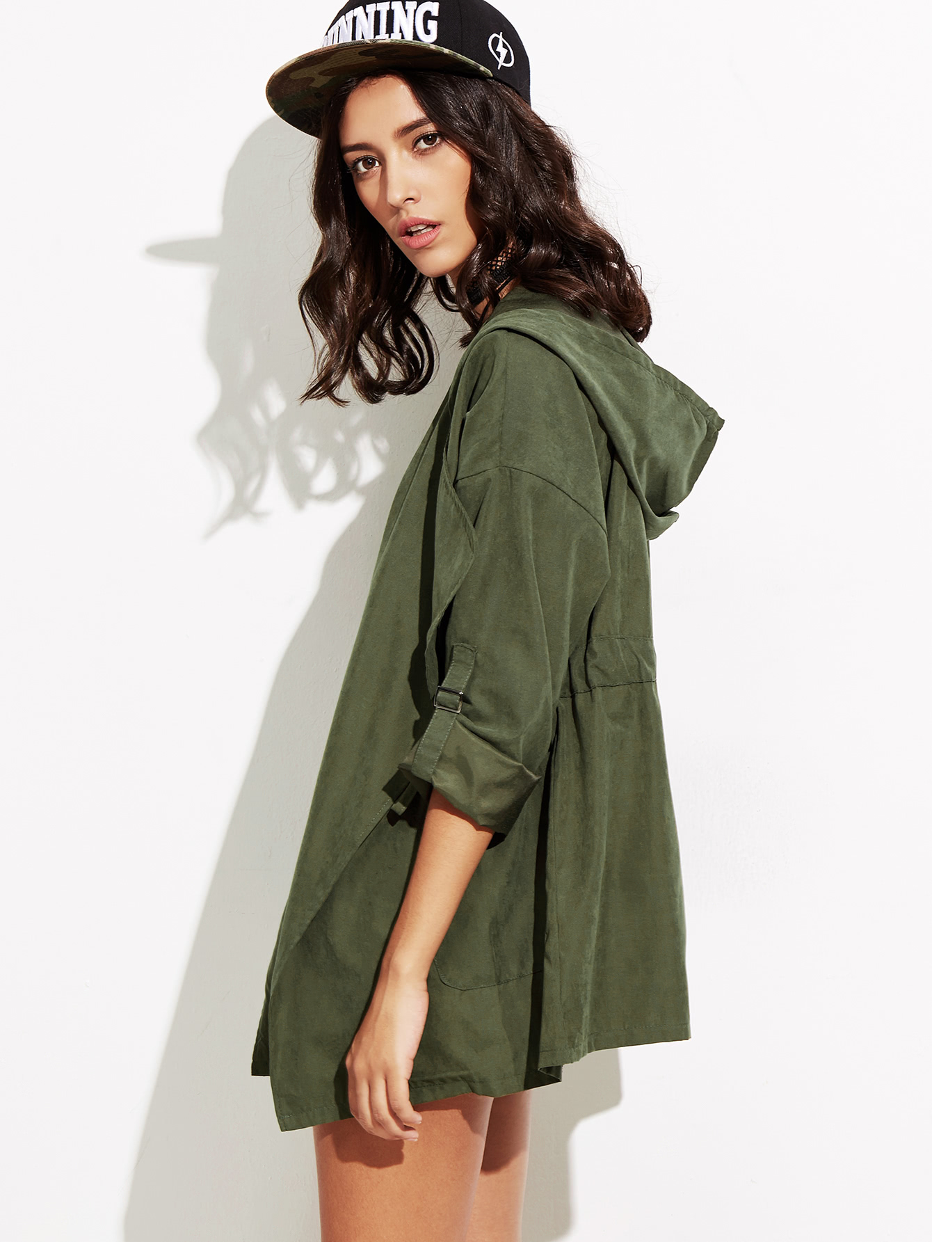RollUp Sleeve Drawstring Hooded Coat SheIn(Sheinside)