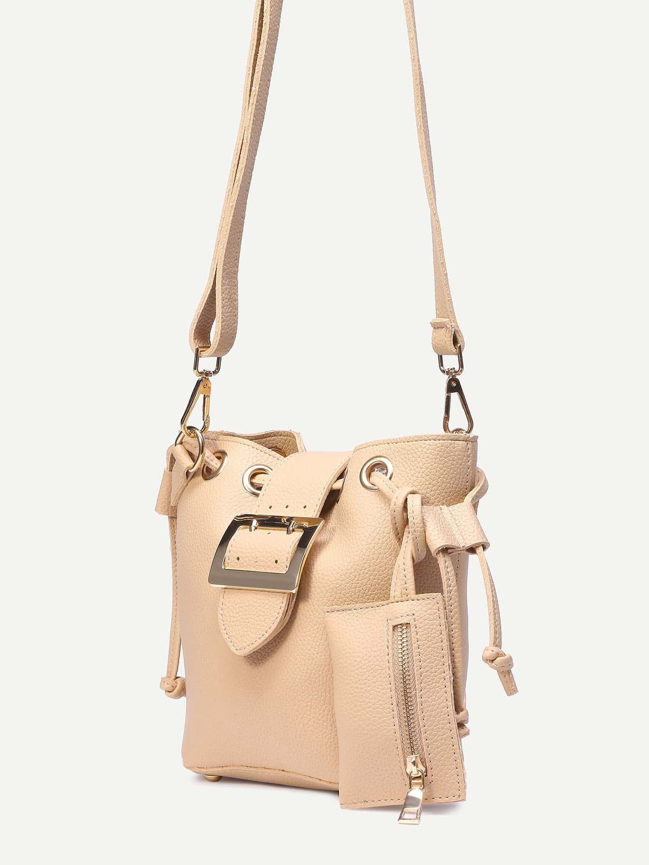 Apricot Buckle Strap Top Multiway Drawstring Bucket Backpack SHEIN