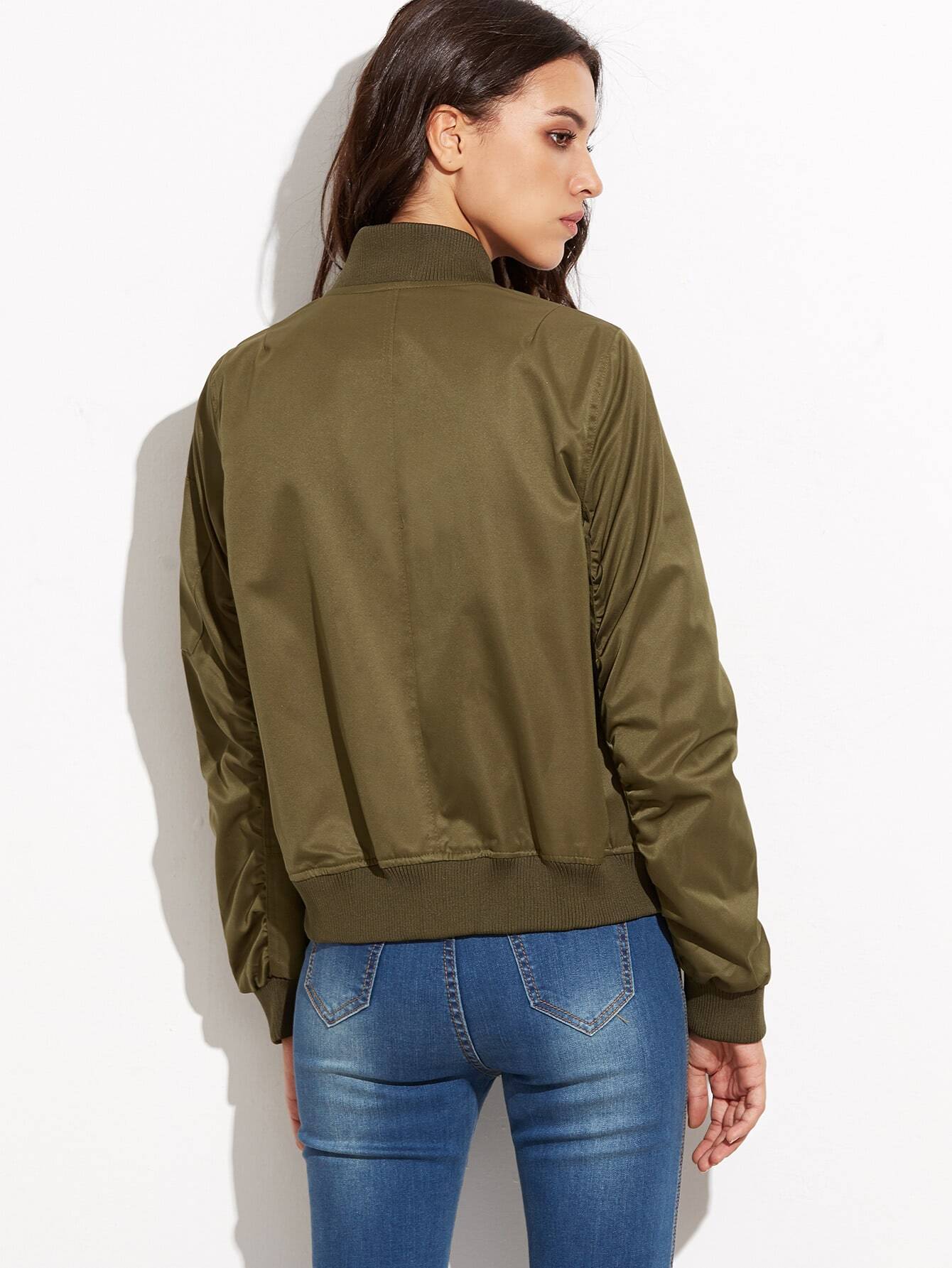 Army Green Zipper Up Flight Jacket With Pockets SheIn(Sheinside)
