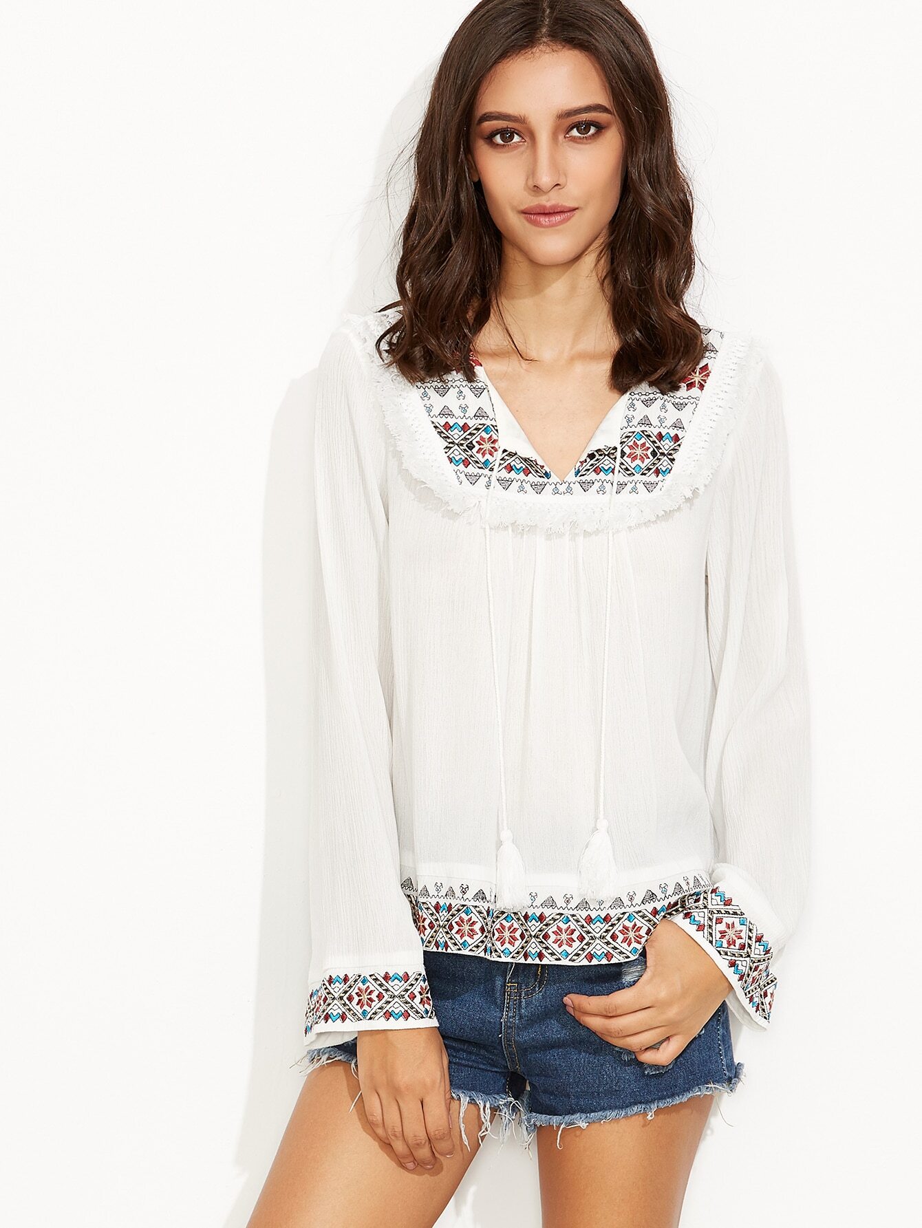 White Tassel Tie Neck Fringe Trim Embroidered Blouse SheIn(Sheinside)