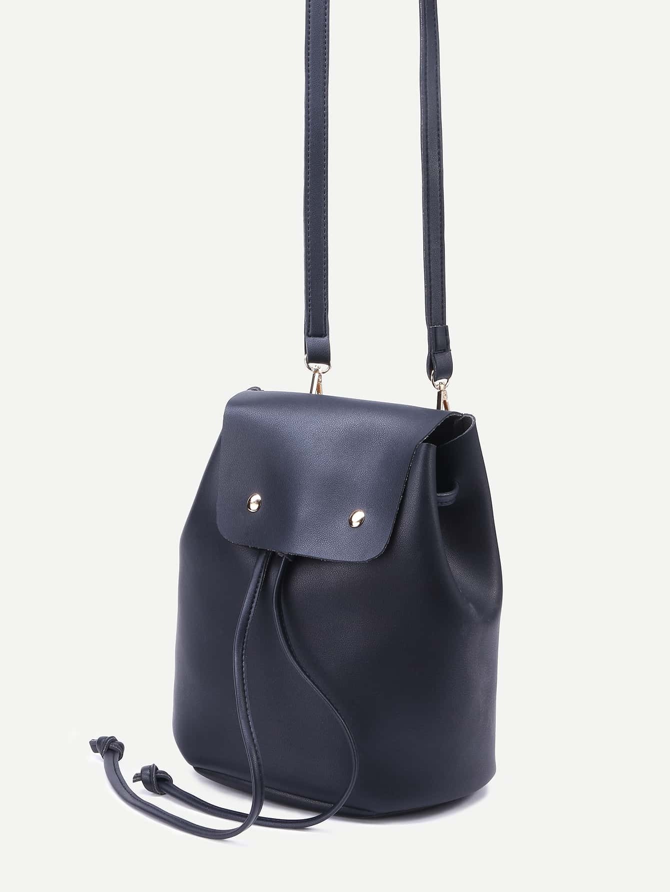 Black Faux Leather Drawstring Flap Backpack With Clutch SheIn(Sheinside)