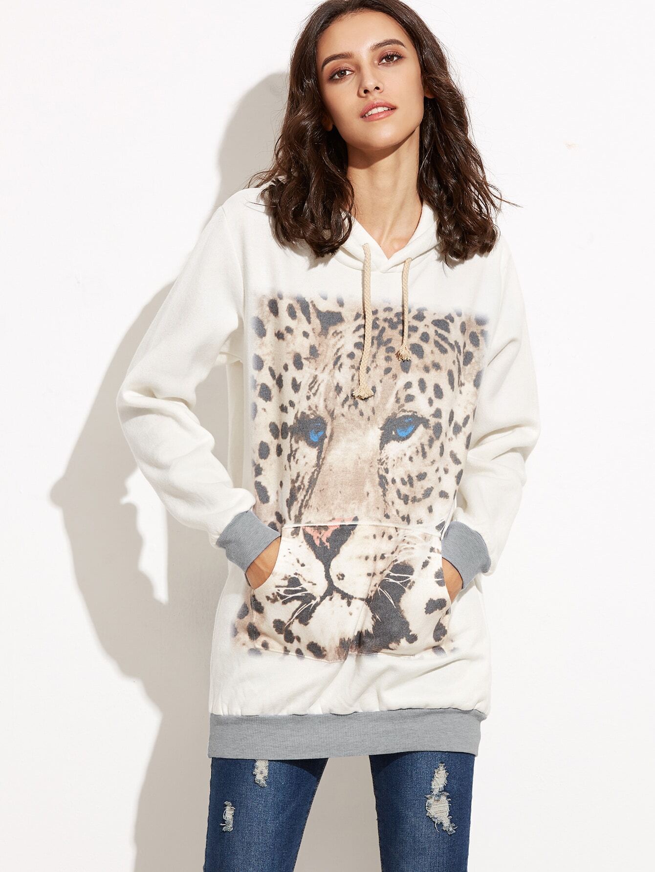 Contrast Trim Animal Print Pocket Hooded Sweatshirt SheIn(Sheinside)