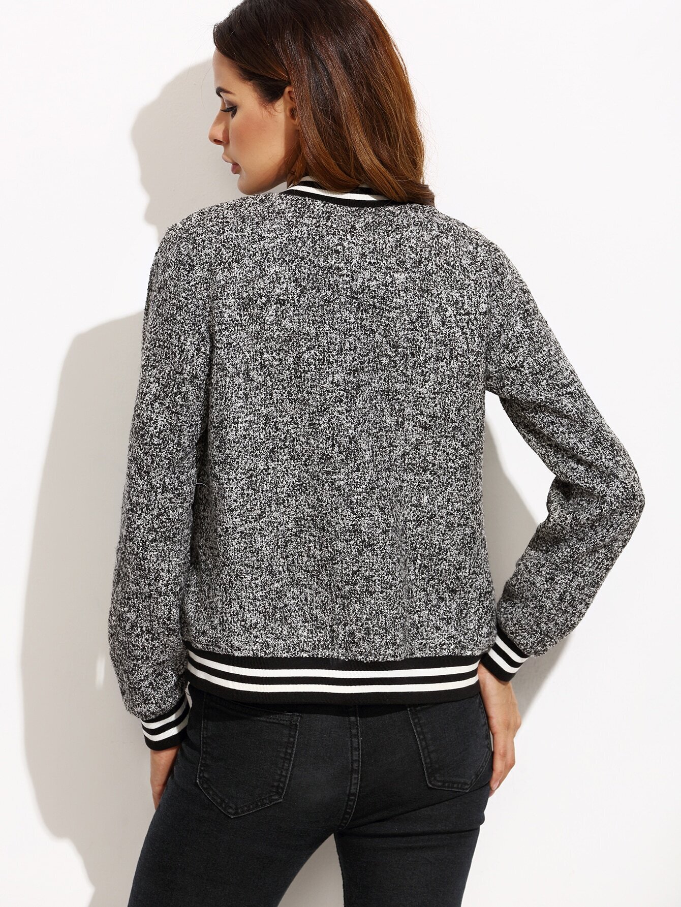 Striped Trim Marled Knit Baseball Jacket With Letter Patch -SheIn(Sheinside)