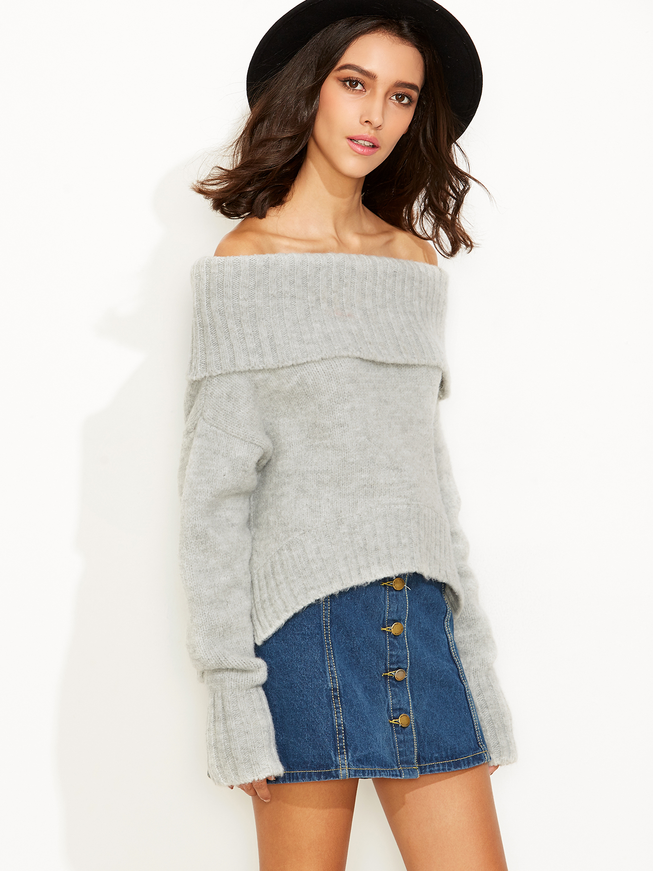 Grey Fold Over Off The Shoulder Slit Sweater SheIn(Sheinside)