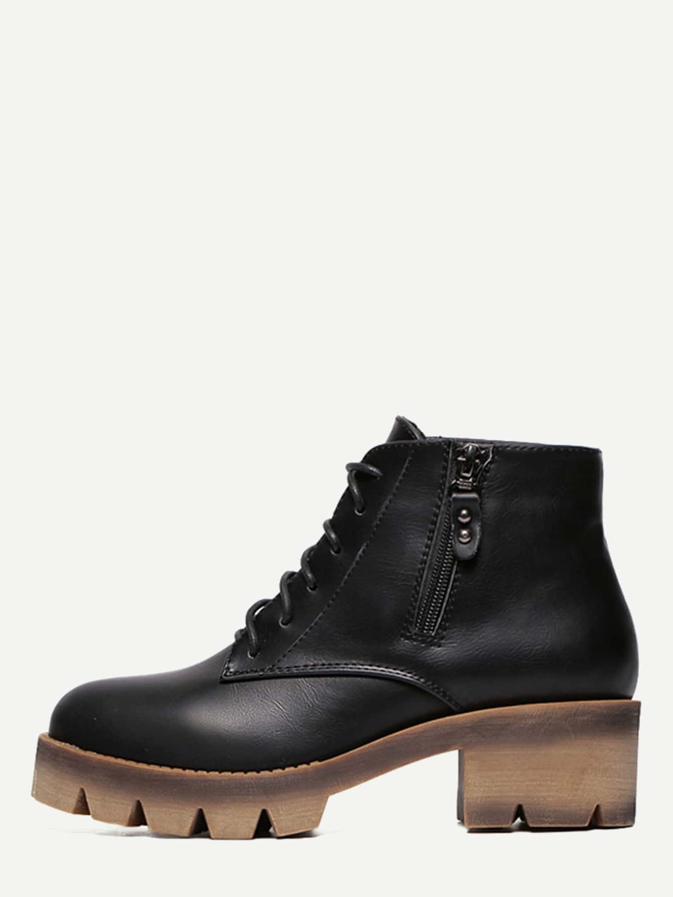 Black Faux Leather Lace Up Side Zipper Boots SheIn(Sheinside)