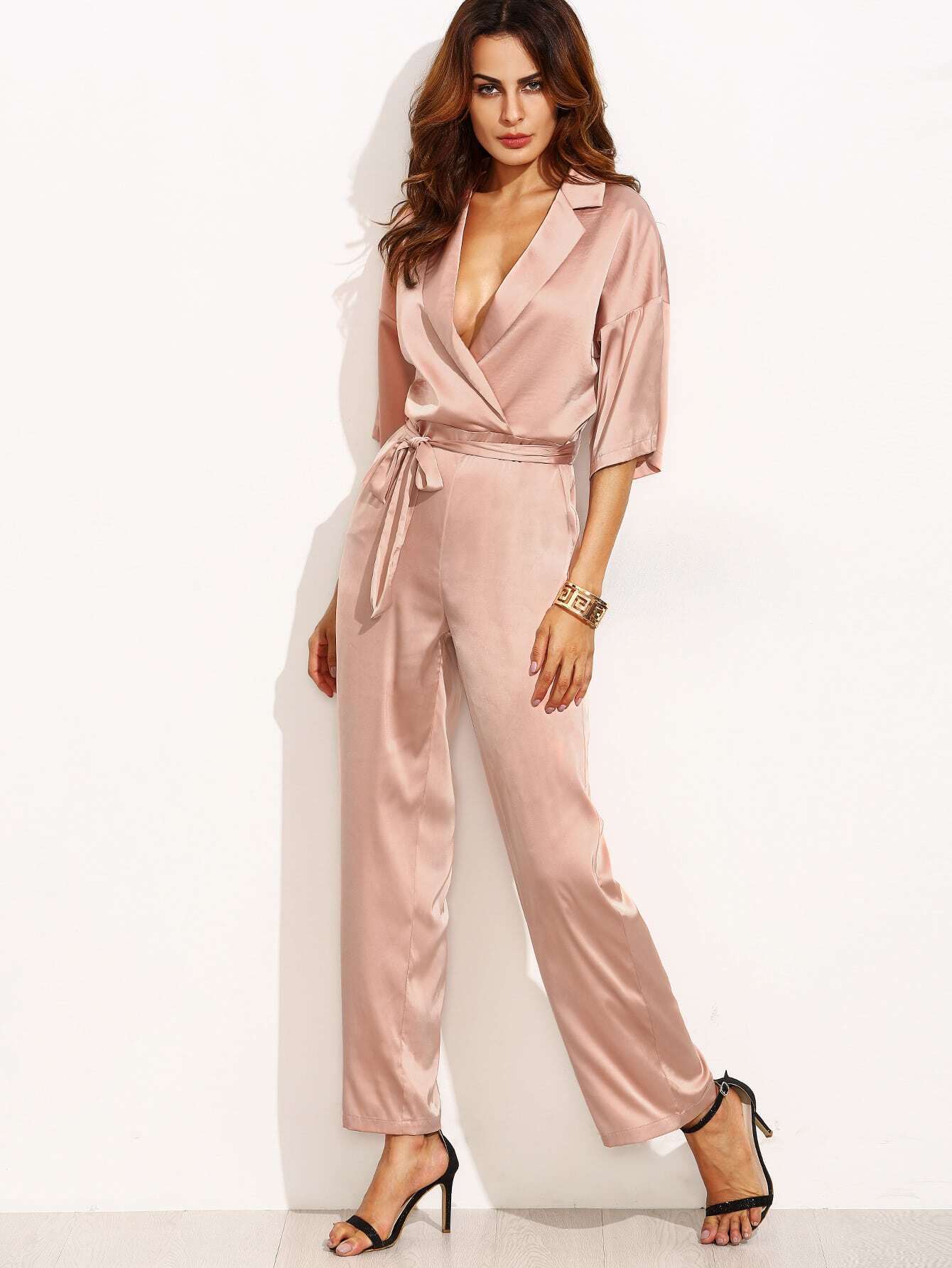 Pink Lapel Half Sleeve Tie Waist Jumpsuit SheIn(Sheinside)