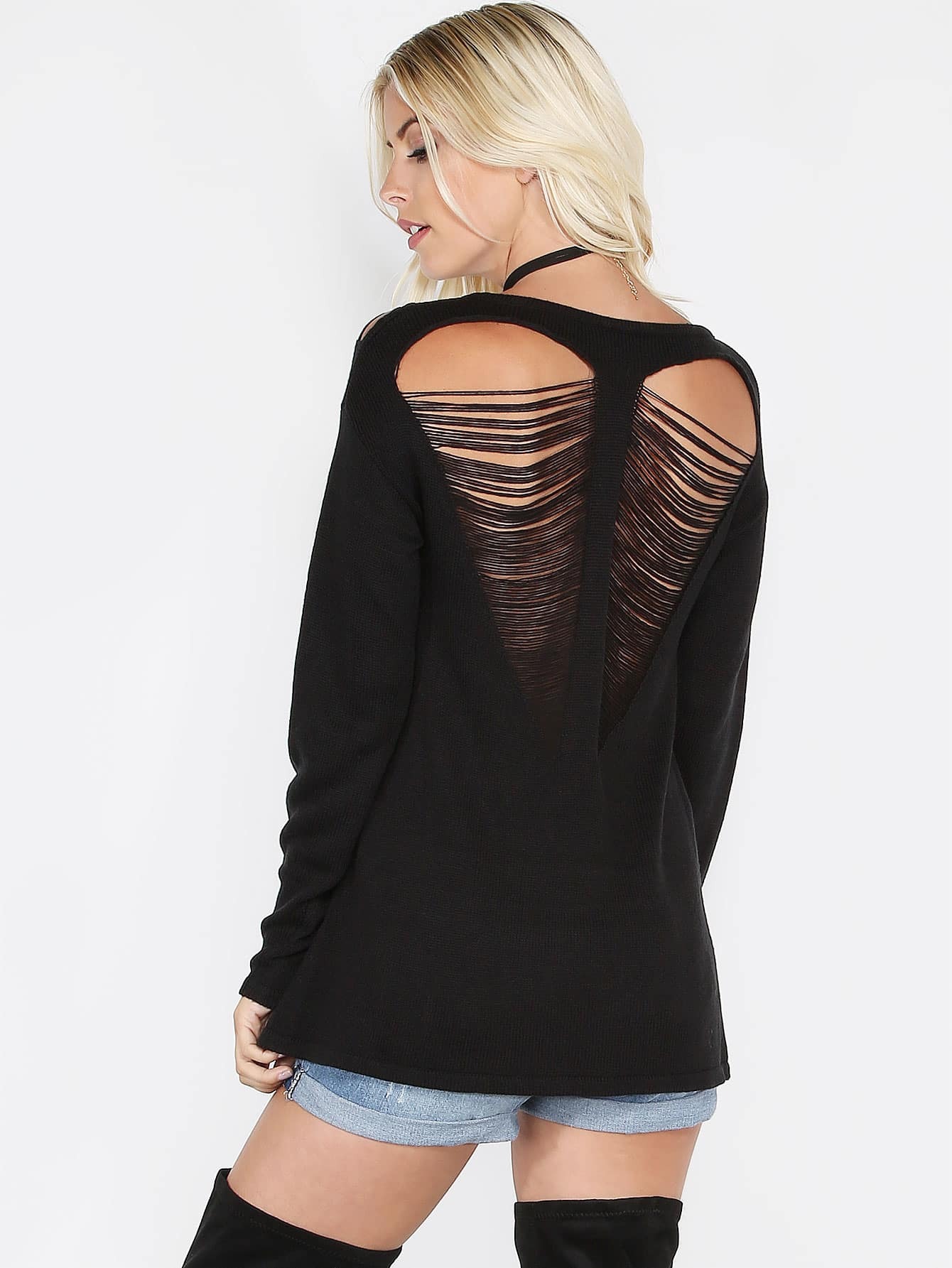 Black Heart Ripped Back Drop Shoulder Sweater SheIn(Sheinside)