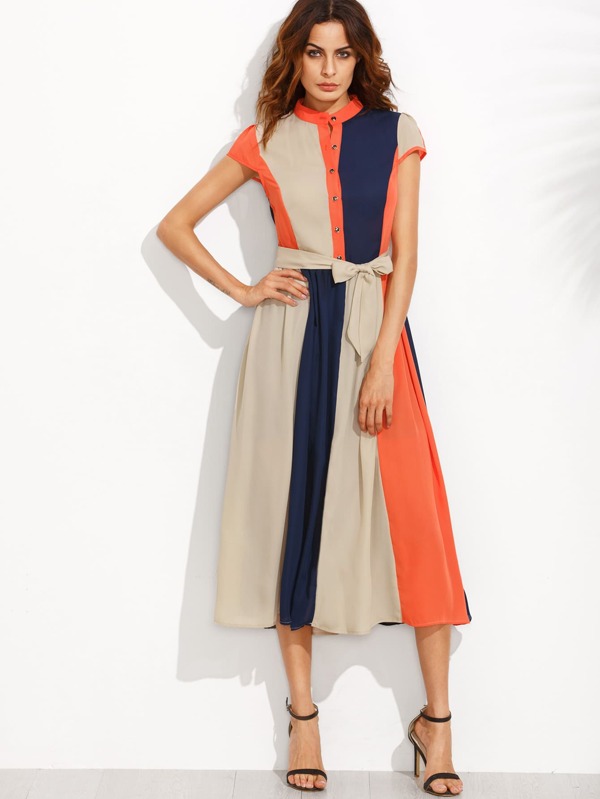 Color Block Bow Tie Waist Ons Shirtwaist Dress Shein Sheinside