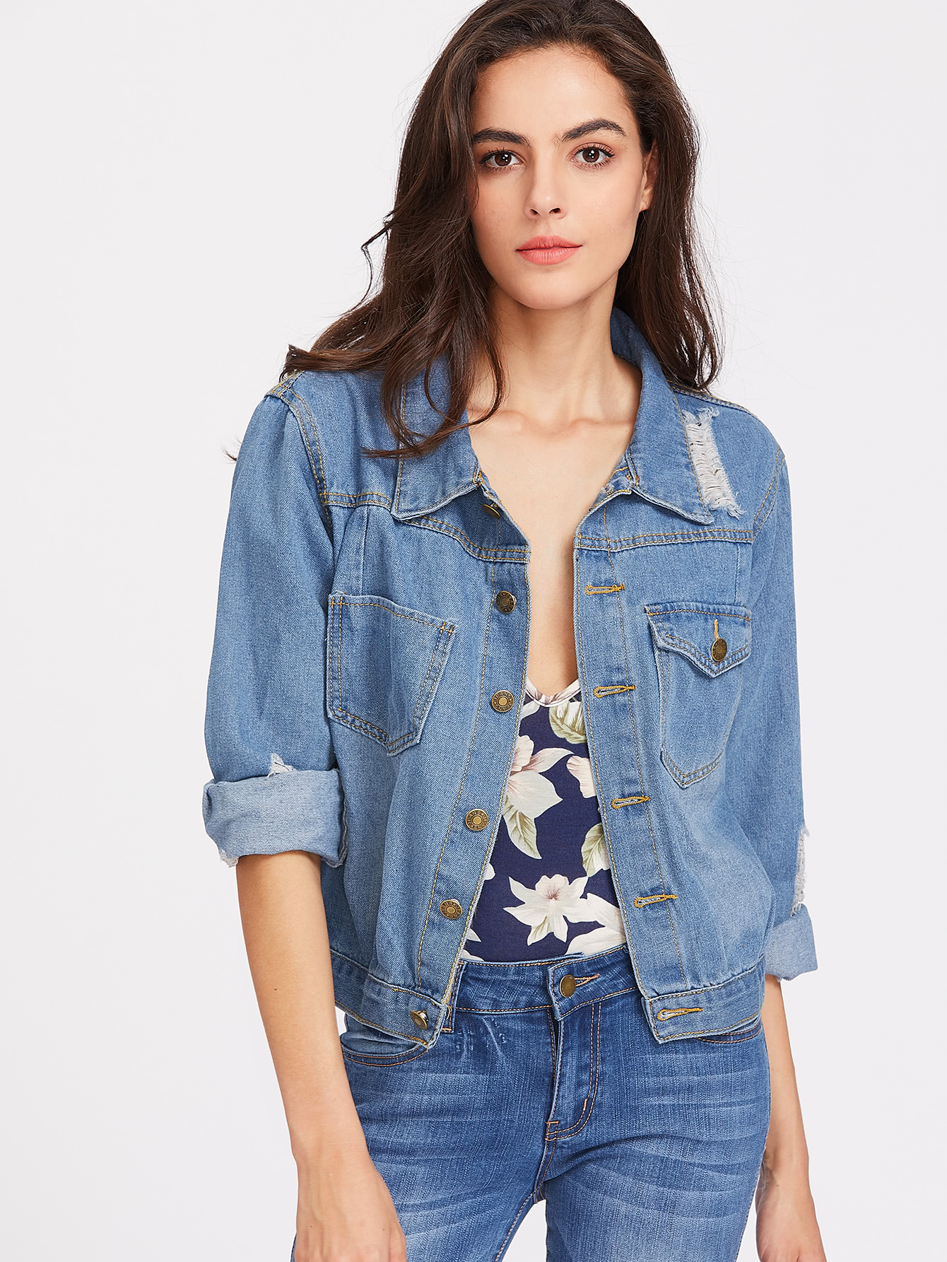 Фото #1: Mid Wash Ripped Denim Jacket