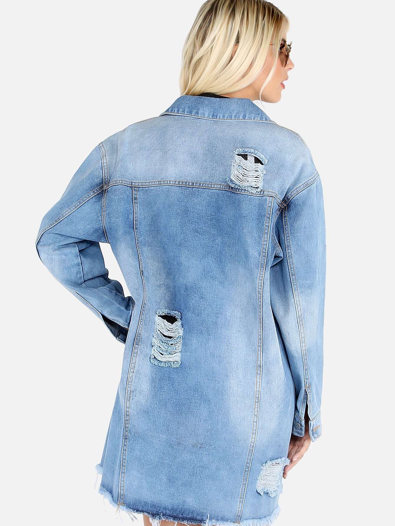 Oversized Distressed Denim Jacket DENIM SheIn(Sheinside)