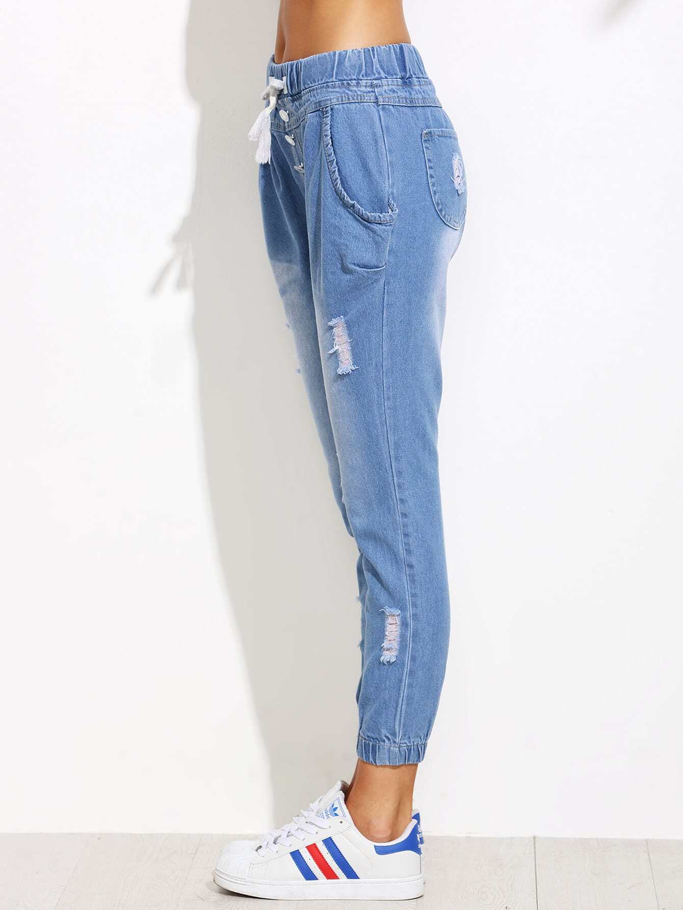 Ripped Drawstring Waist Harem Jeans SHEIN(SHEINSIDE)