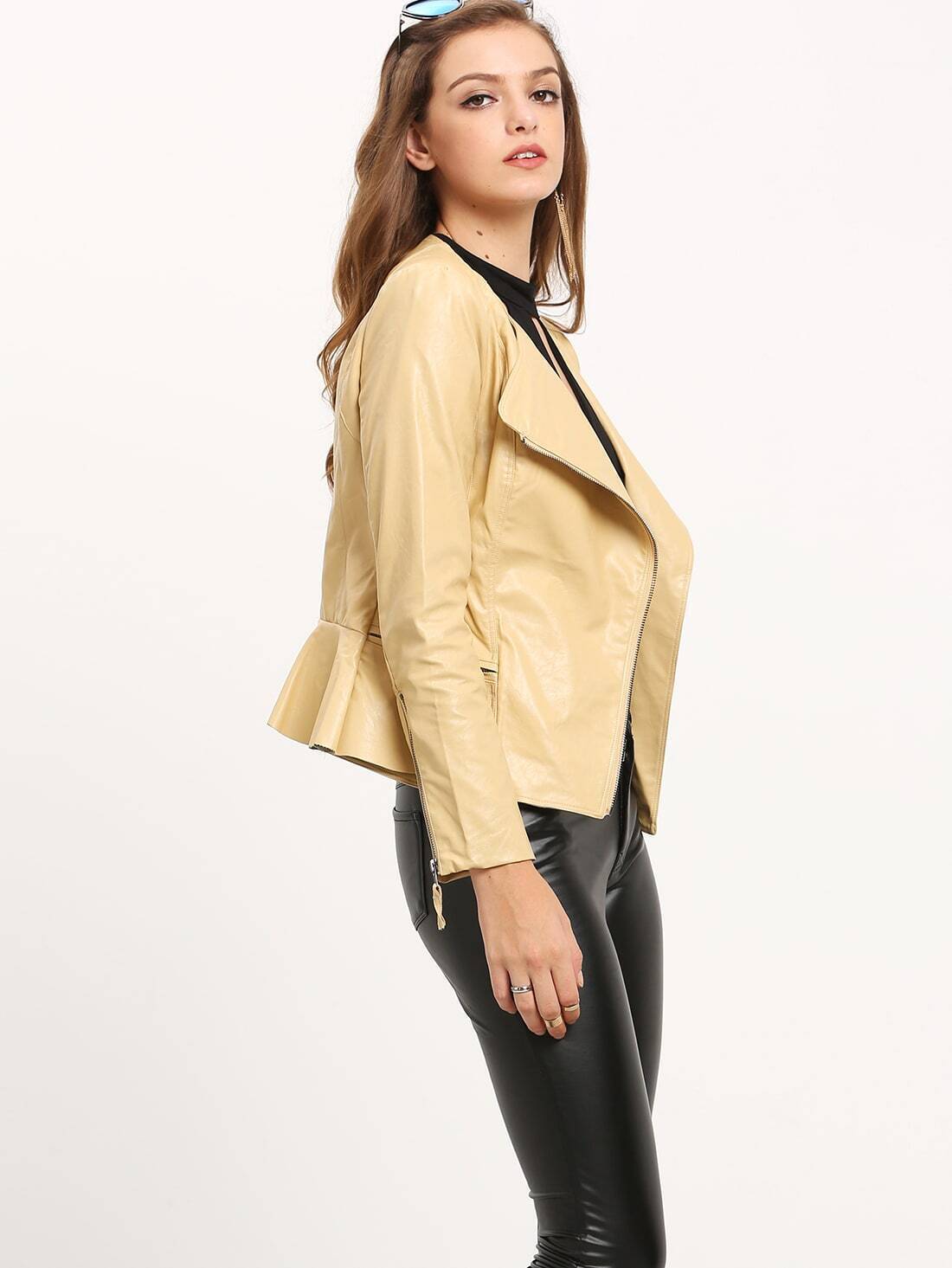 Apricot Long Sleeve Zipper Ruffle Jacket SheIn(Sheinside)