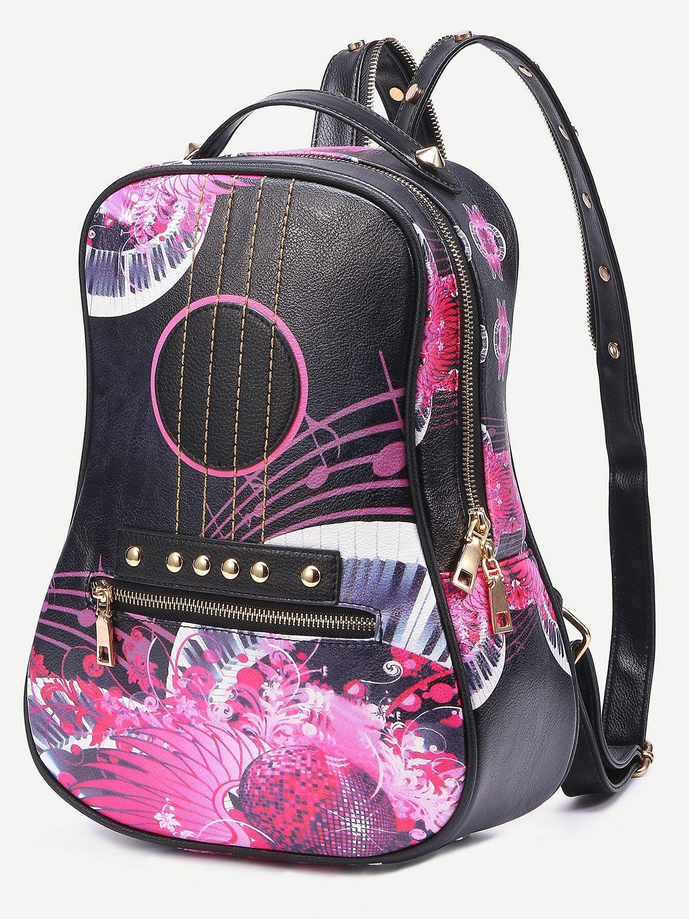 Guitar Shaped Print Rivets Backpack SheIn(Sheinside)