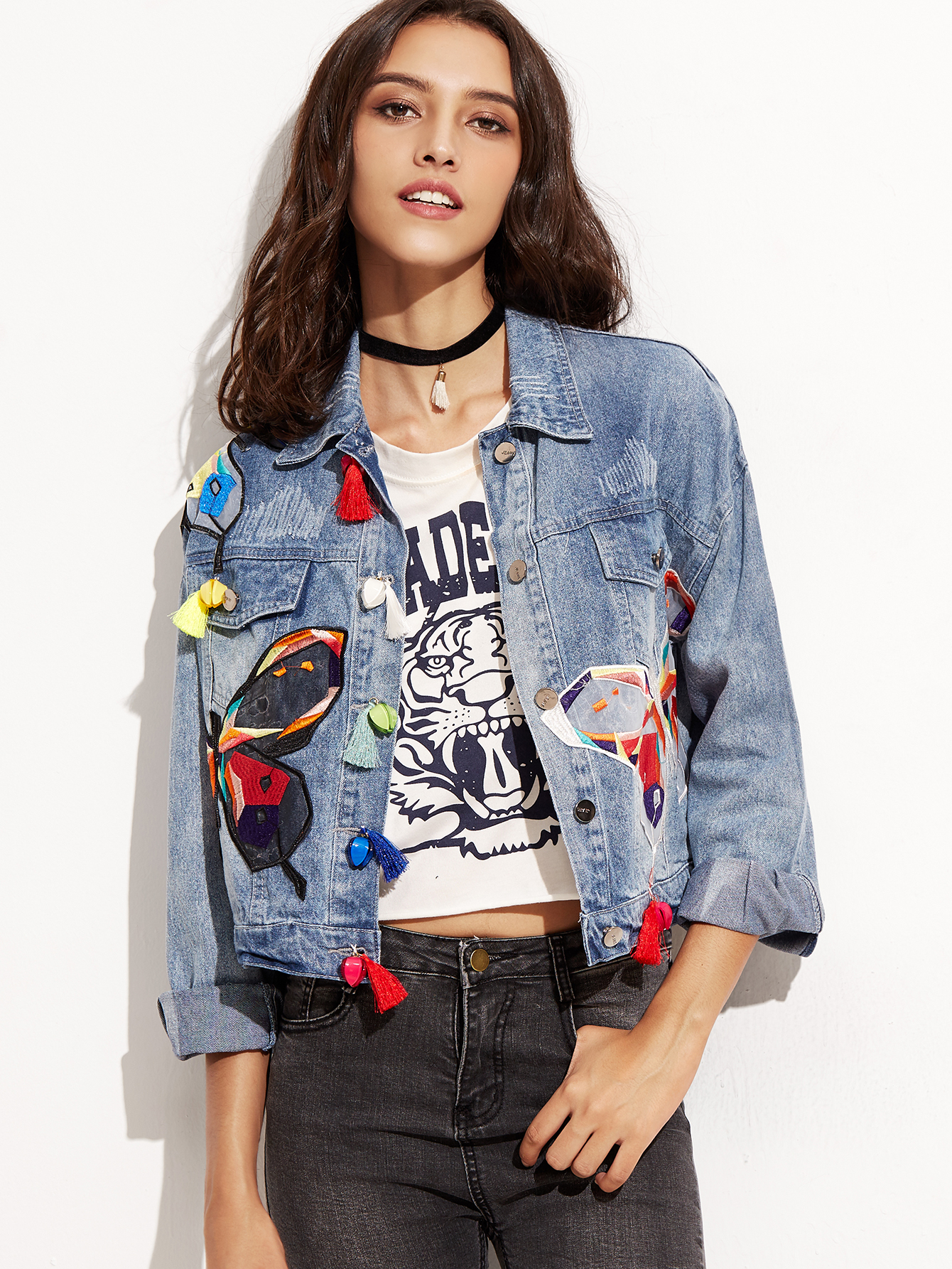 Blue Embroidered Tassel Trim Denim Jacket