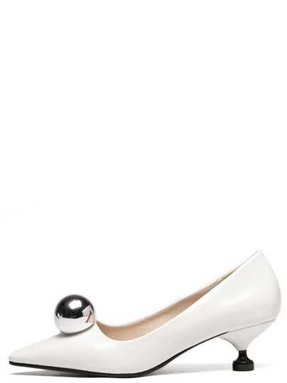 White Pointed Toe Ball Detail Kitten Heels -SheIn(Sheinside)