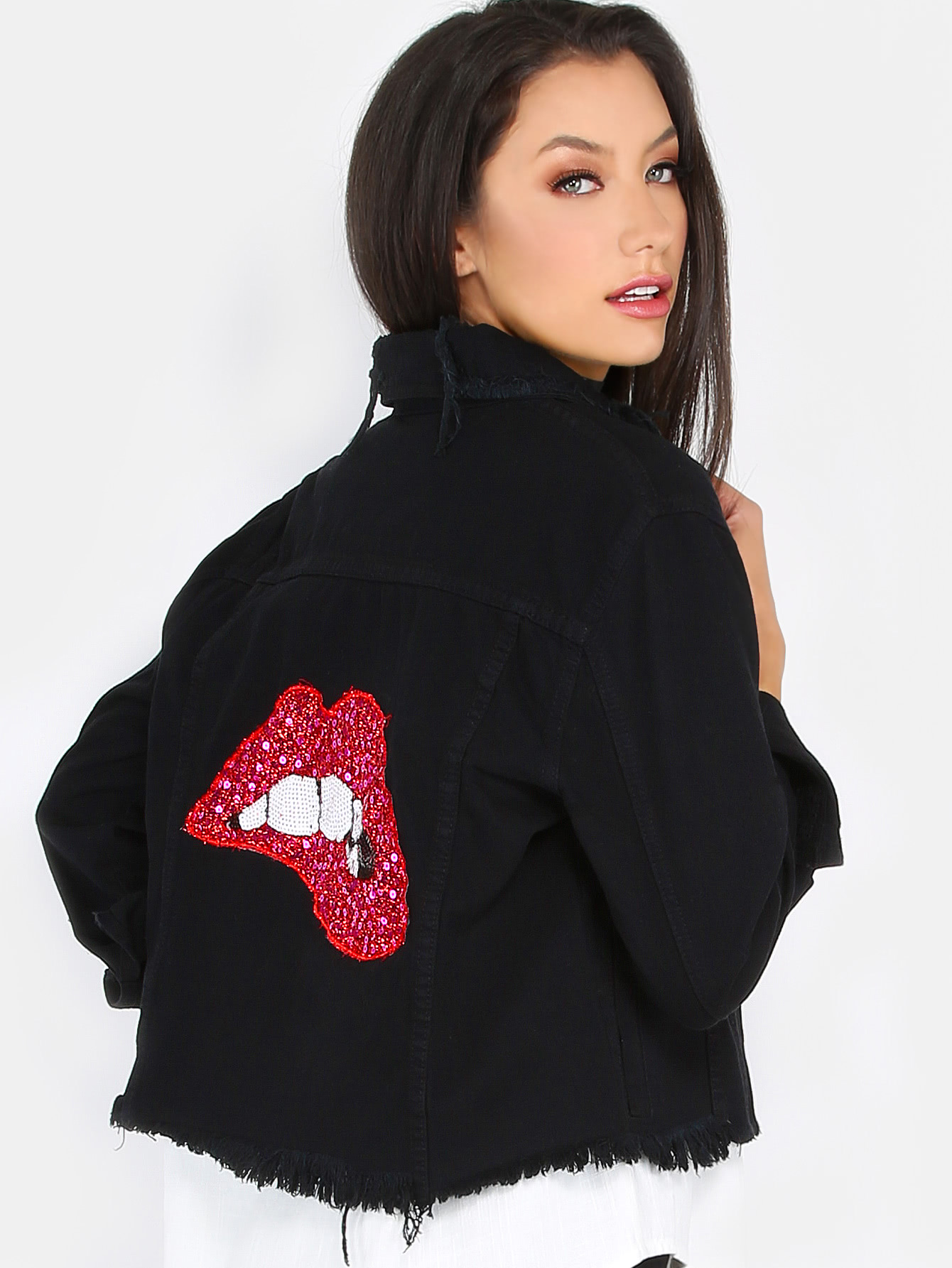 Фото #1: Sequins Lips Back Distressed Denim Jacket BLACK