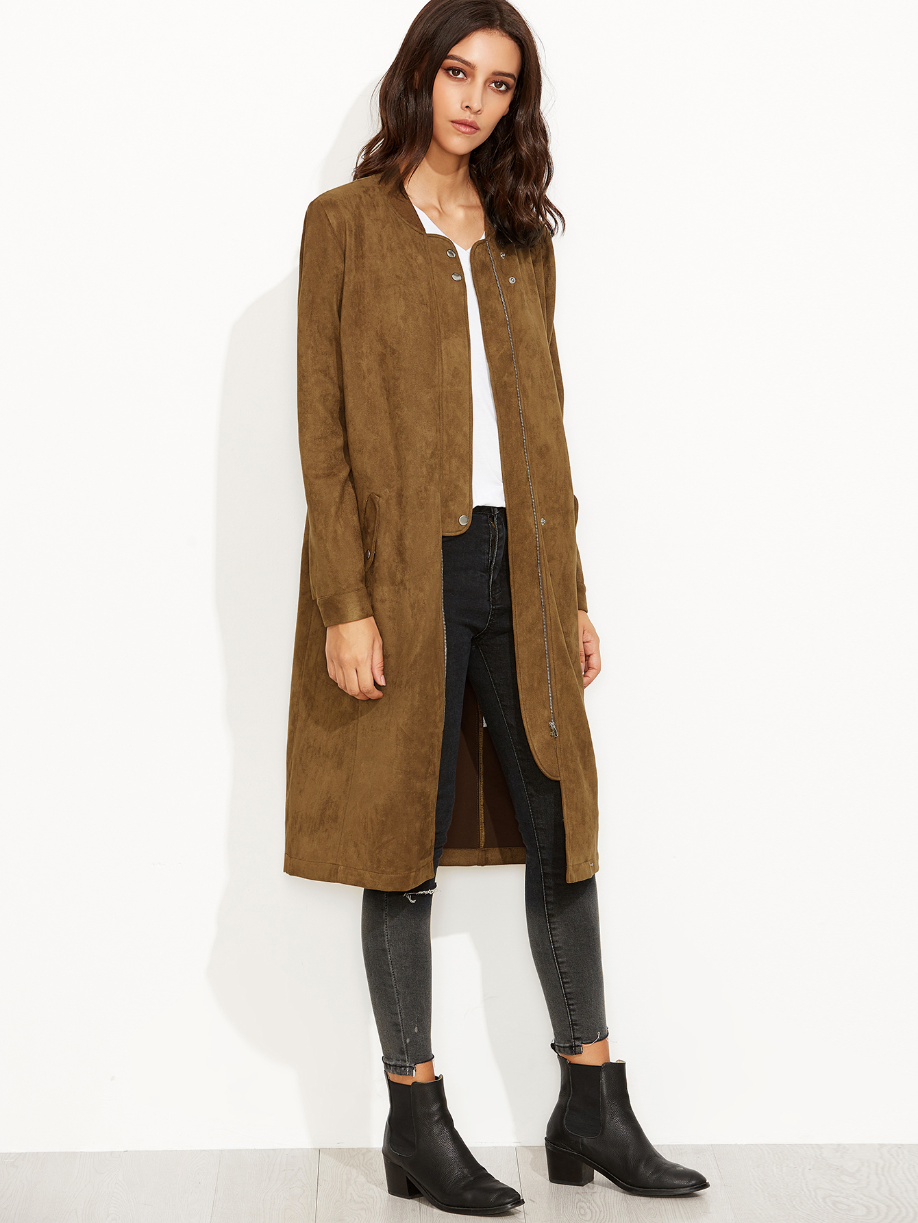 Coffee Suede Zip Up Longline Bomber Jacket SheIn(Sheinside)