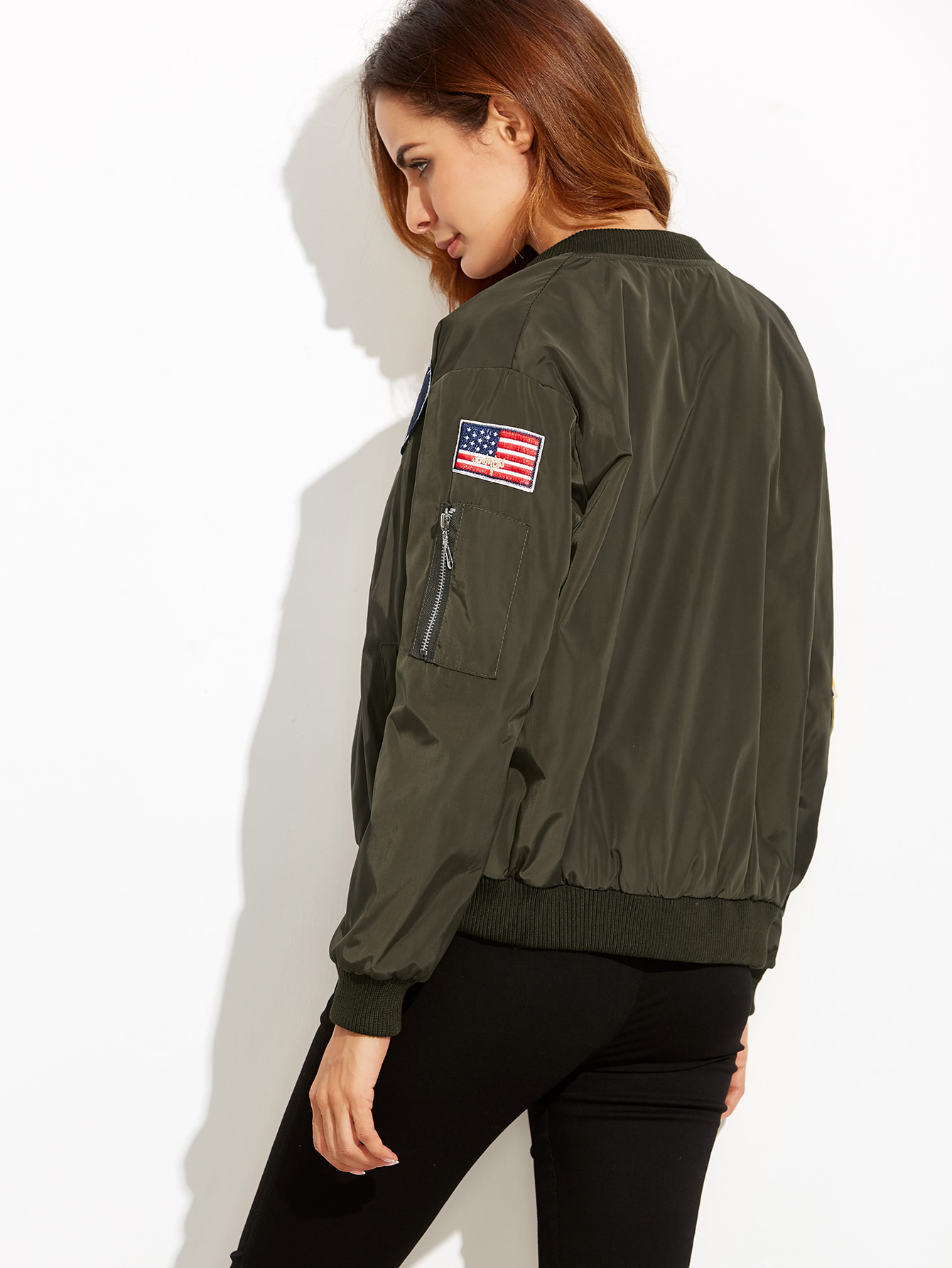 Embroidered Badge Patches Zip Sleeve Bomber Jacket SheIn(Sheinside)