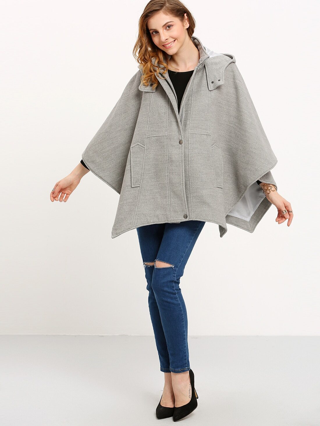 Grey Hooded Batwing Sleeve Coat SheIn(Sheinside)